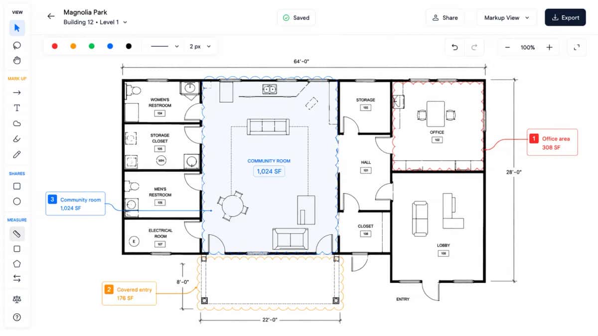 Markup Studio — plans with highlighted scope areas, measurements, and annotations attached to the procurement package