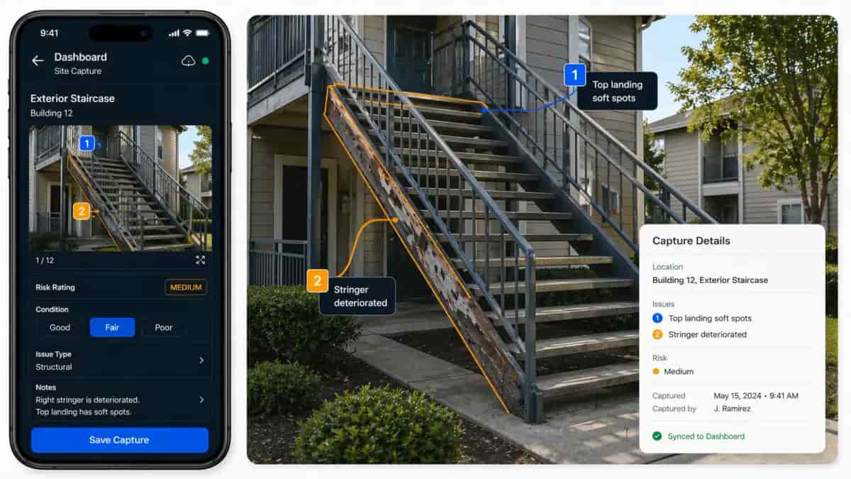 SiteOptix™ Field App — phone mockup showing site capture, staircase photograph, and a capture details panel