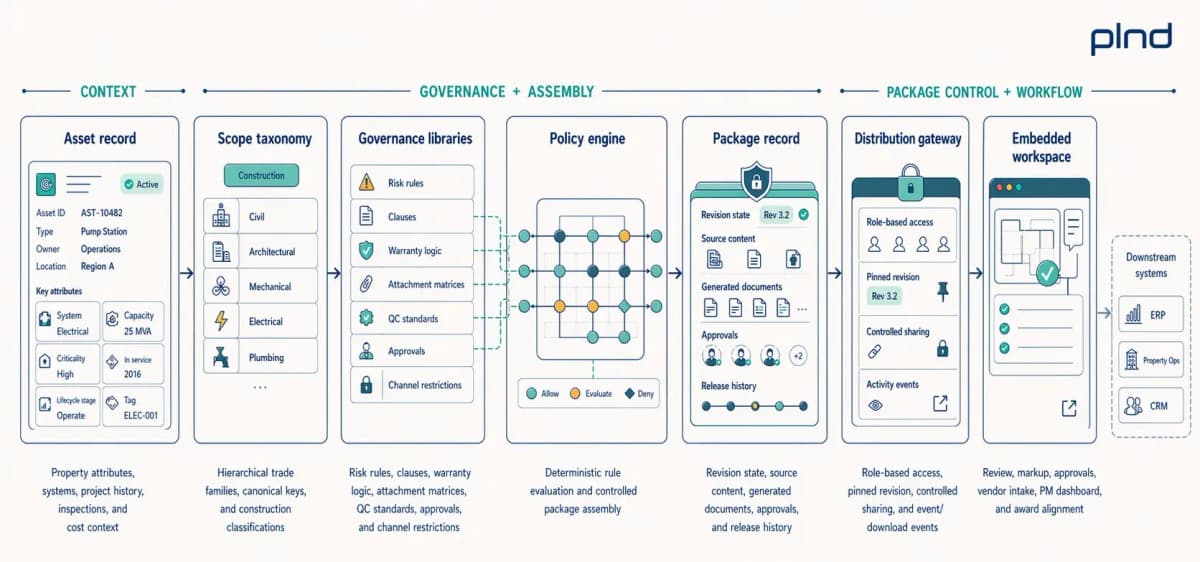 Seven platform components grouped into three phases — Context, Governance and assembly, Package control and workflow — with downstream systems shown as a separate group