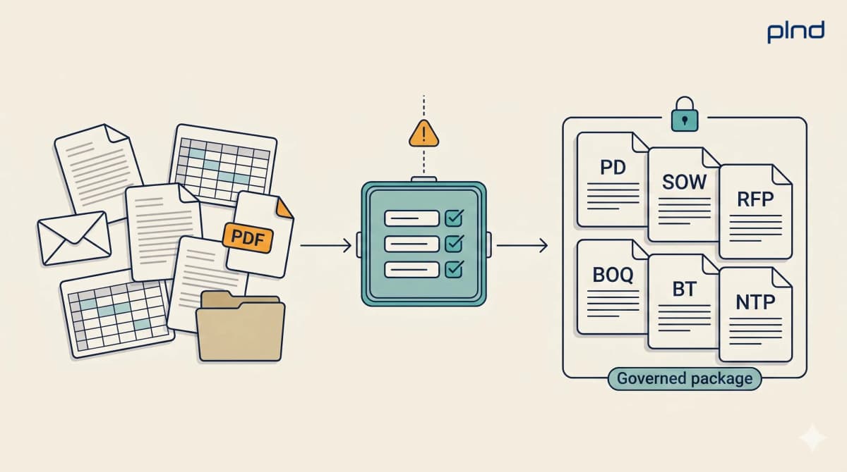 Fragmented procurement inputs flowing through a governed assembly step into a sealed six-document package