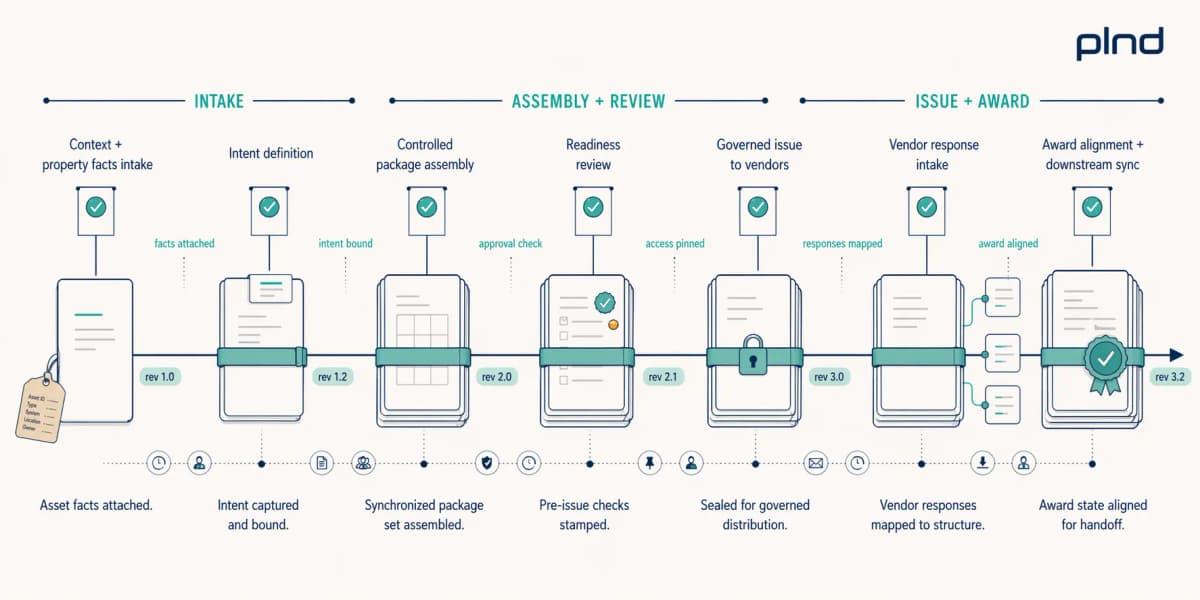 Seven-step governed procurement workflow showing a single procurement package accumulating state through intake, assembly and review, and issue and award phases